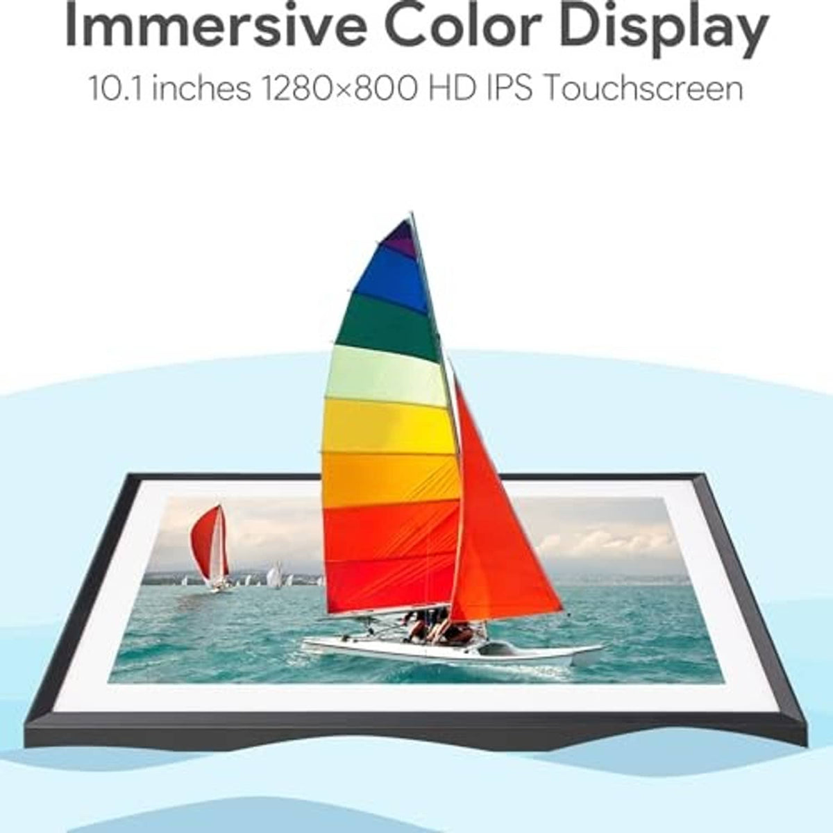 Black digital picture frame showing sailboat photo on a touchscreen