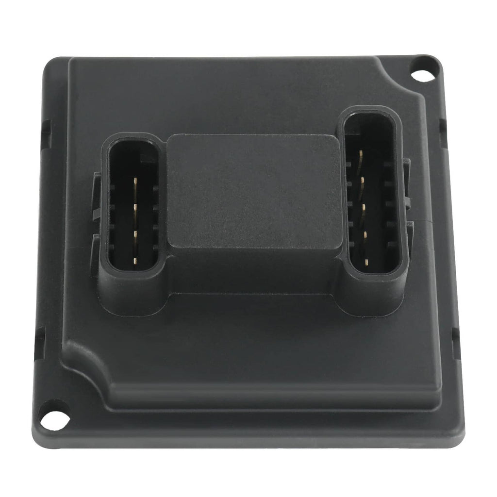 Black headlight actuator control relay module with central cover and two multi-pin connectors.