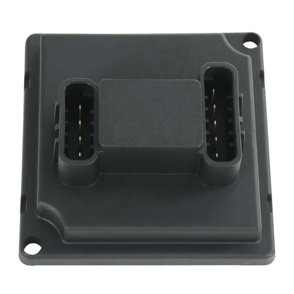 Black headlight actuator control relay module with central cover and two multi-pin connectors.