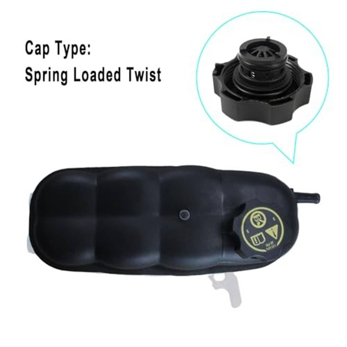 Engine coolant reservoir tank with spring-loaded twist cap, black housing and label