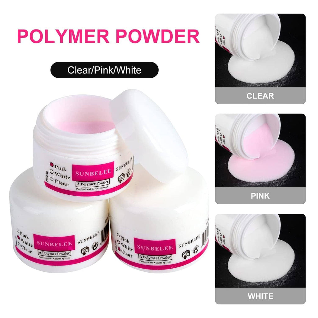 Polymer powder jars in clear, pink, and white with swatch panels