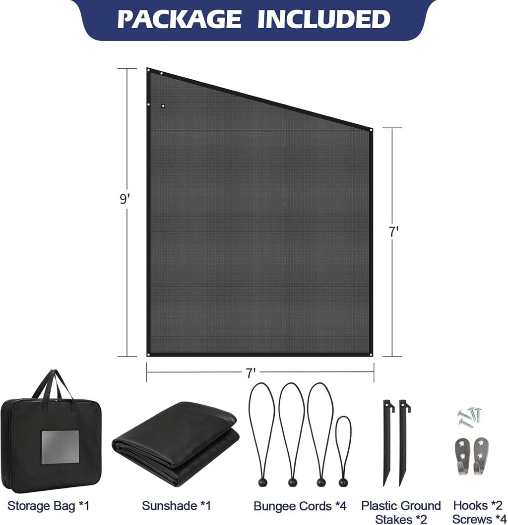 9 ft x 7 ft RV awning side shade screen, black mesh panel with reinforced corners