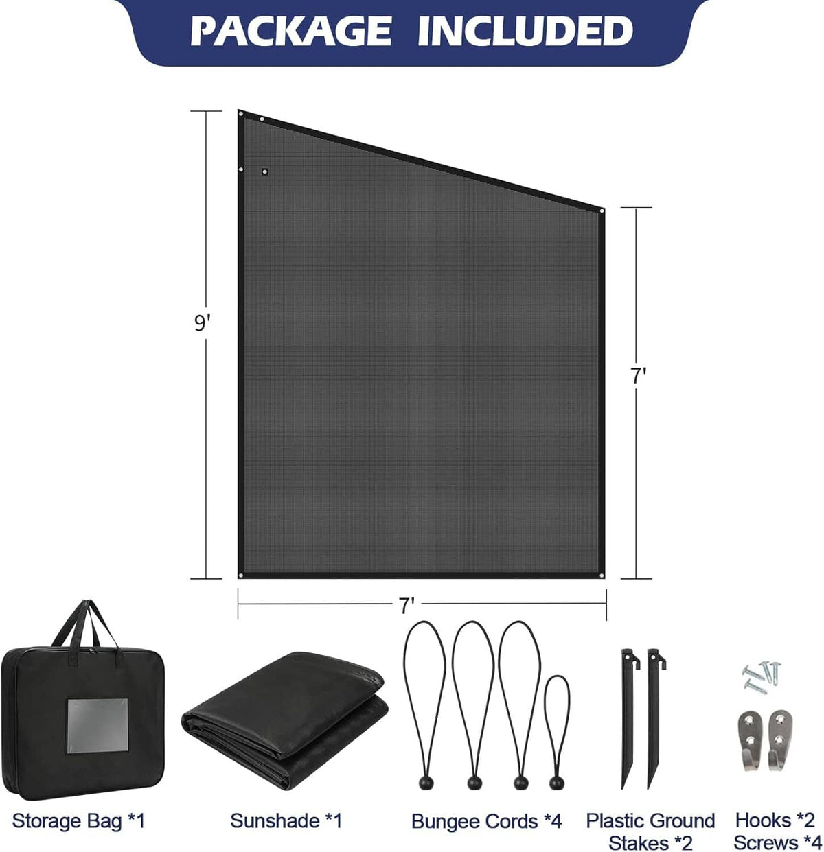 9 ft x 7 ft RV awning side shade screen, black mesh panel with reinforced corners
