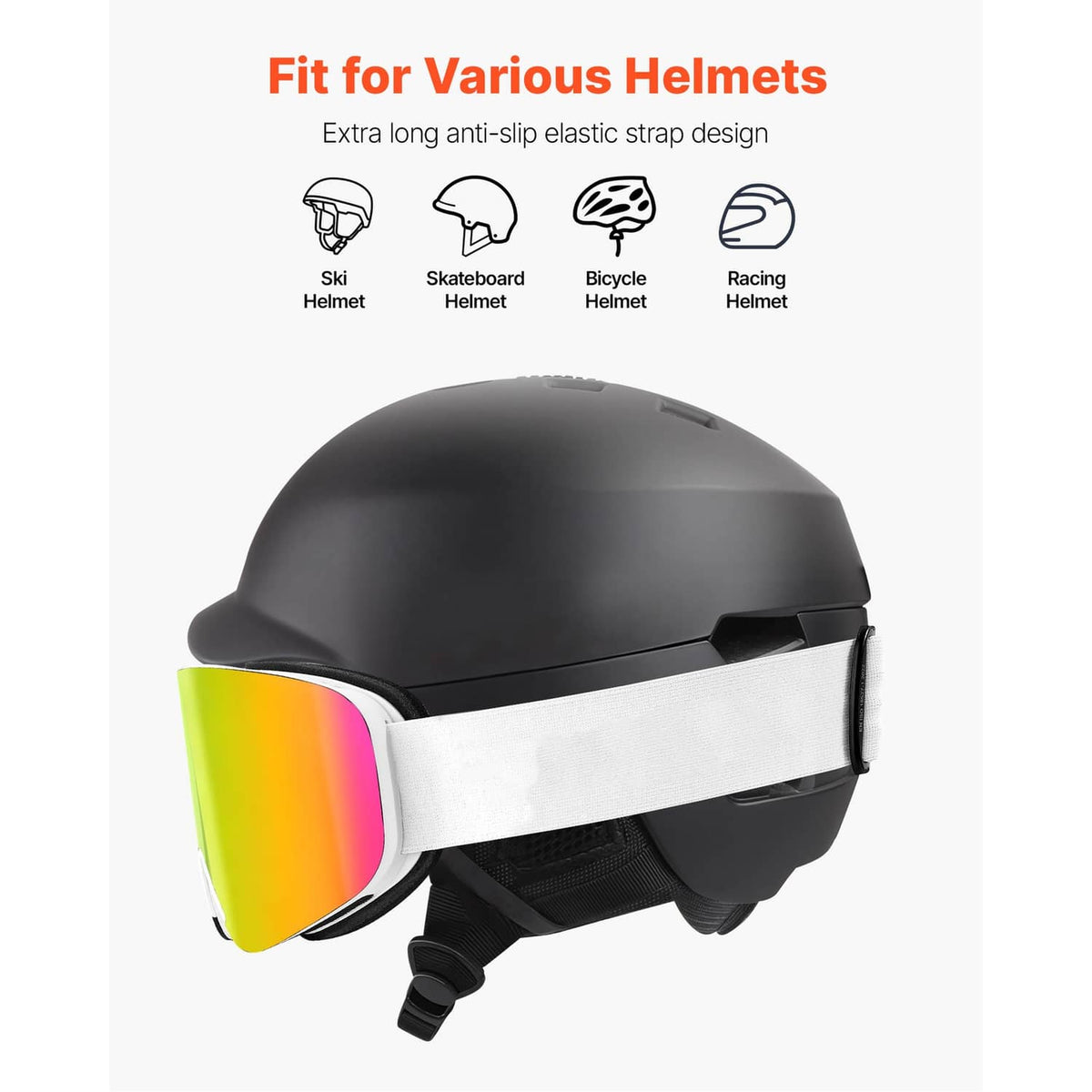 Ski goggles with rainbow lens mounted on a black helmet with strap