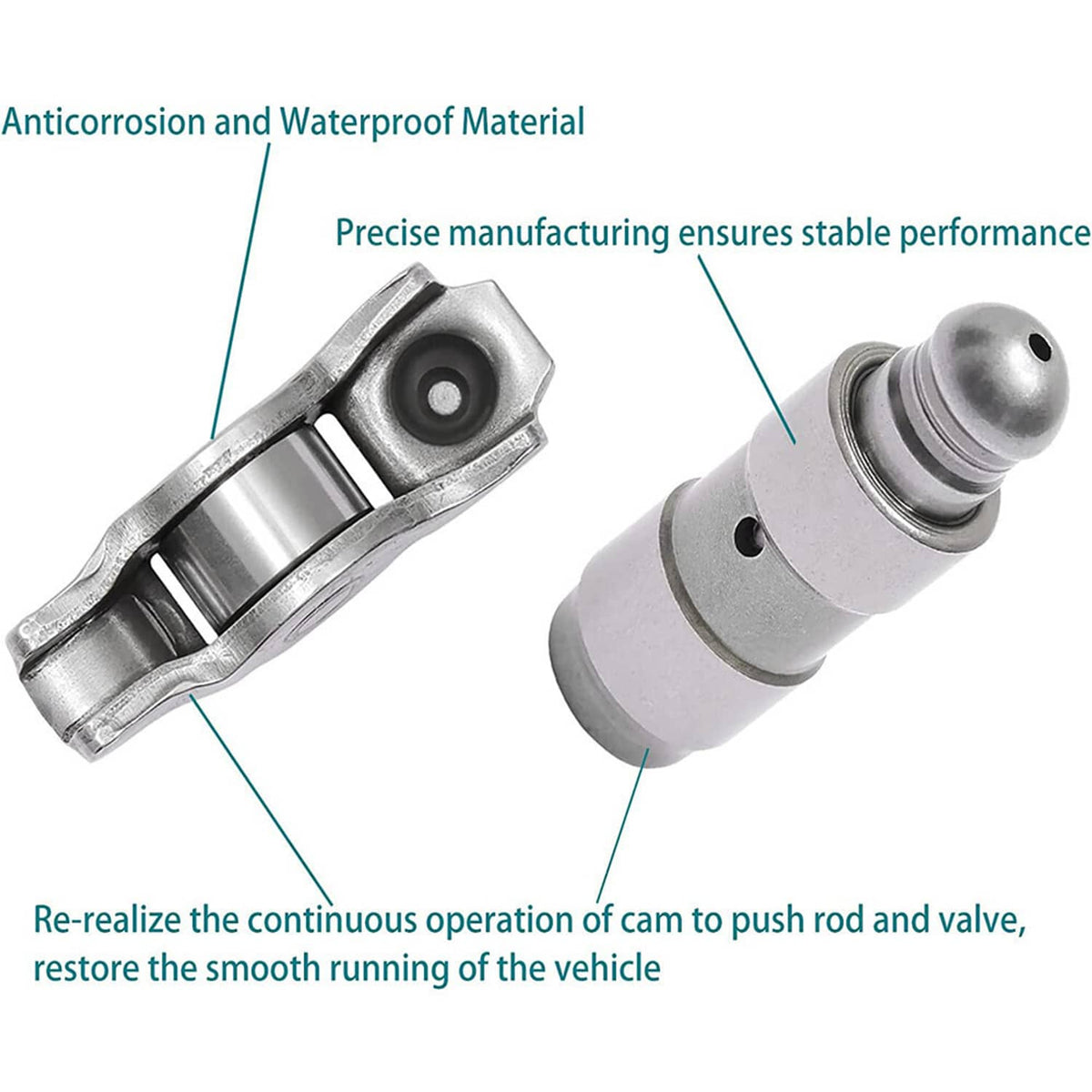 Rocker arm and valve lifter pair, silver metal components shown at an angle