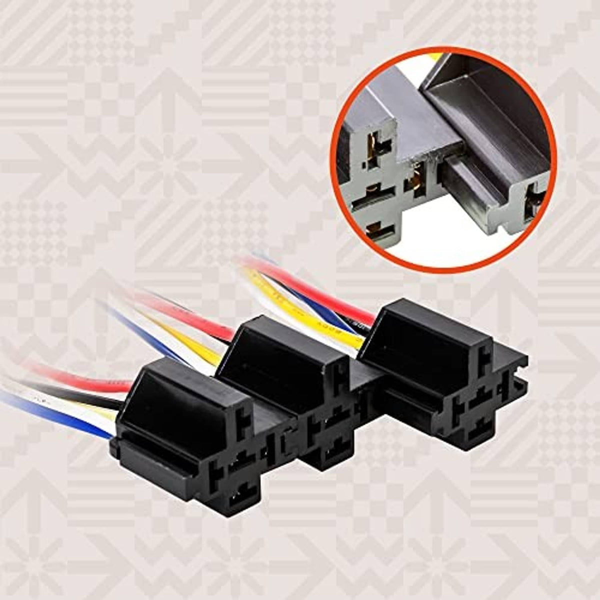 Black multi-pin relay harness connector pair with plug terminals and colored leads