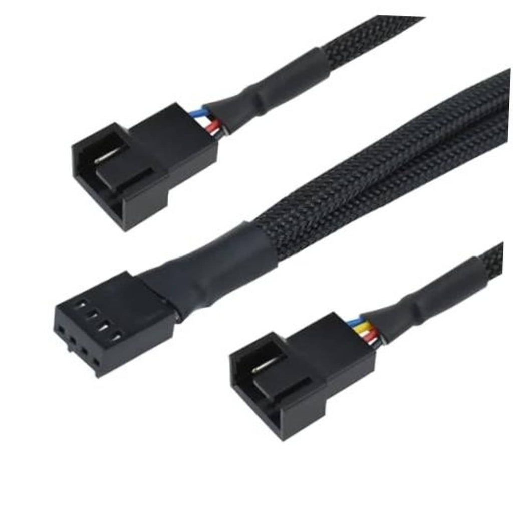 Black 4-pin PWM fan splitter cable with dual keyed connectors, braided shielding
