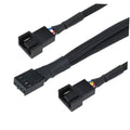 Black 4-pin PWM fan splitter cable with dual keyed connectors, braided shielding