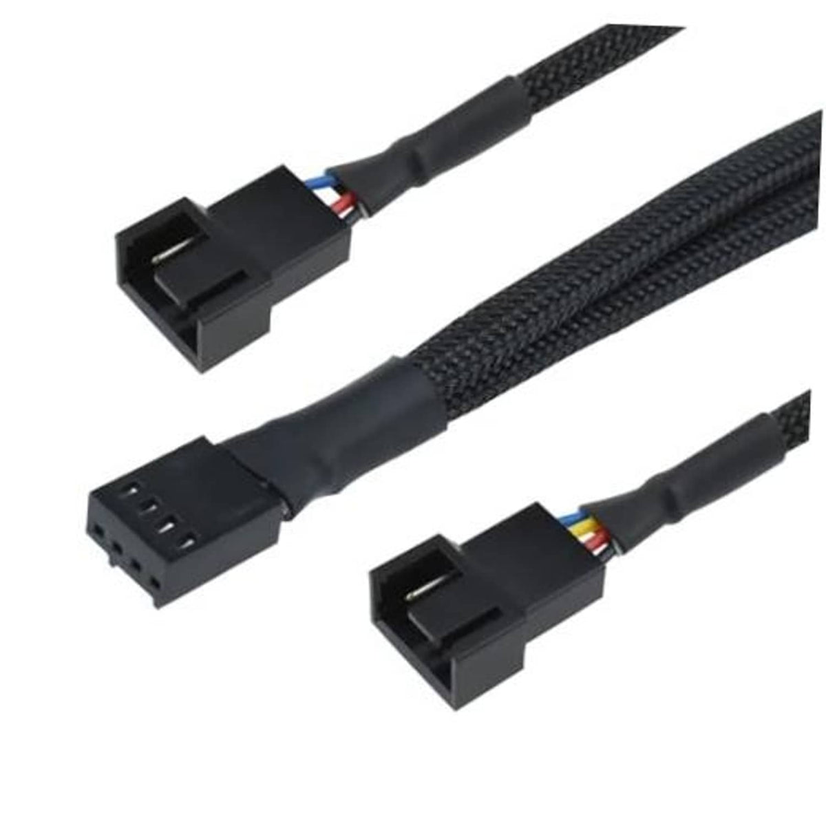 Black 4-pin PWM fan splitter cable with dual keyed connectors, braided shielding