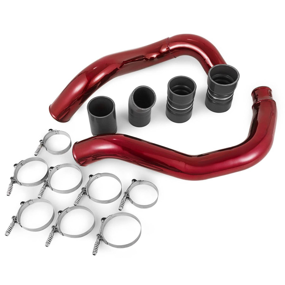 Red intercooler pipe boot kit, twin silicone hoses with black couplers and clamp set