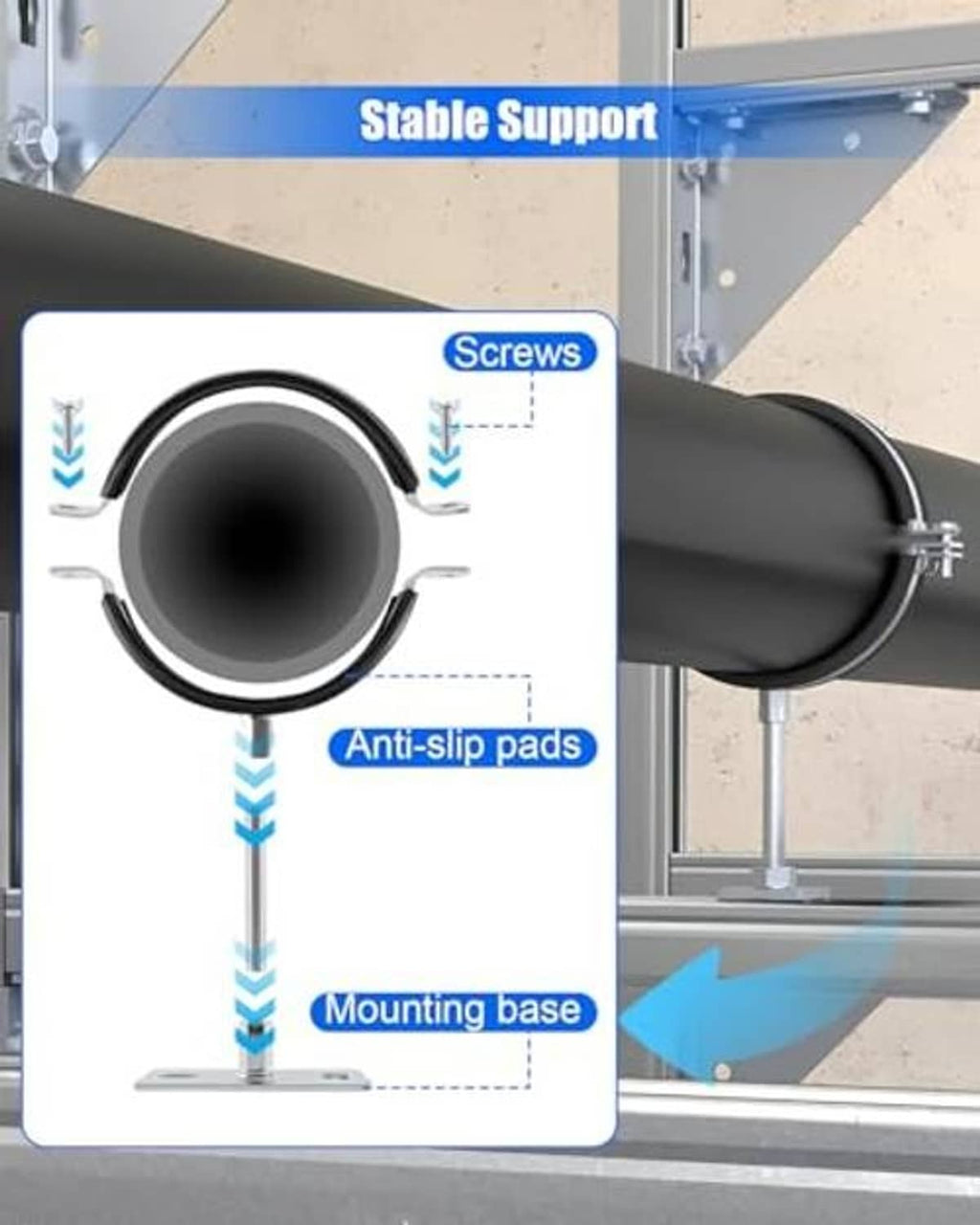Installed pipe hanger bracket with black split ring and steel mounting base on vent pipe
