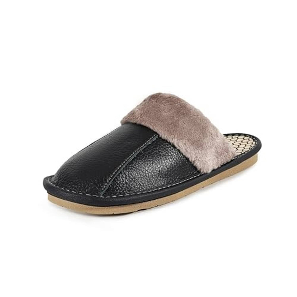Unisex black leather slide slippers with plush taupe faux-fur collar and sole.