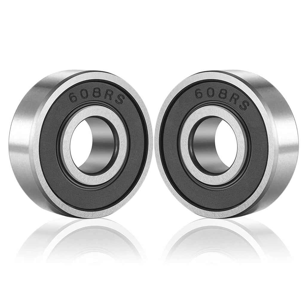 Pair of 608RS bearings with black rubber seal rings on silver steel housings