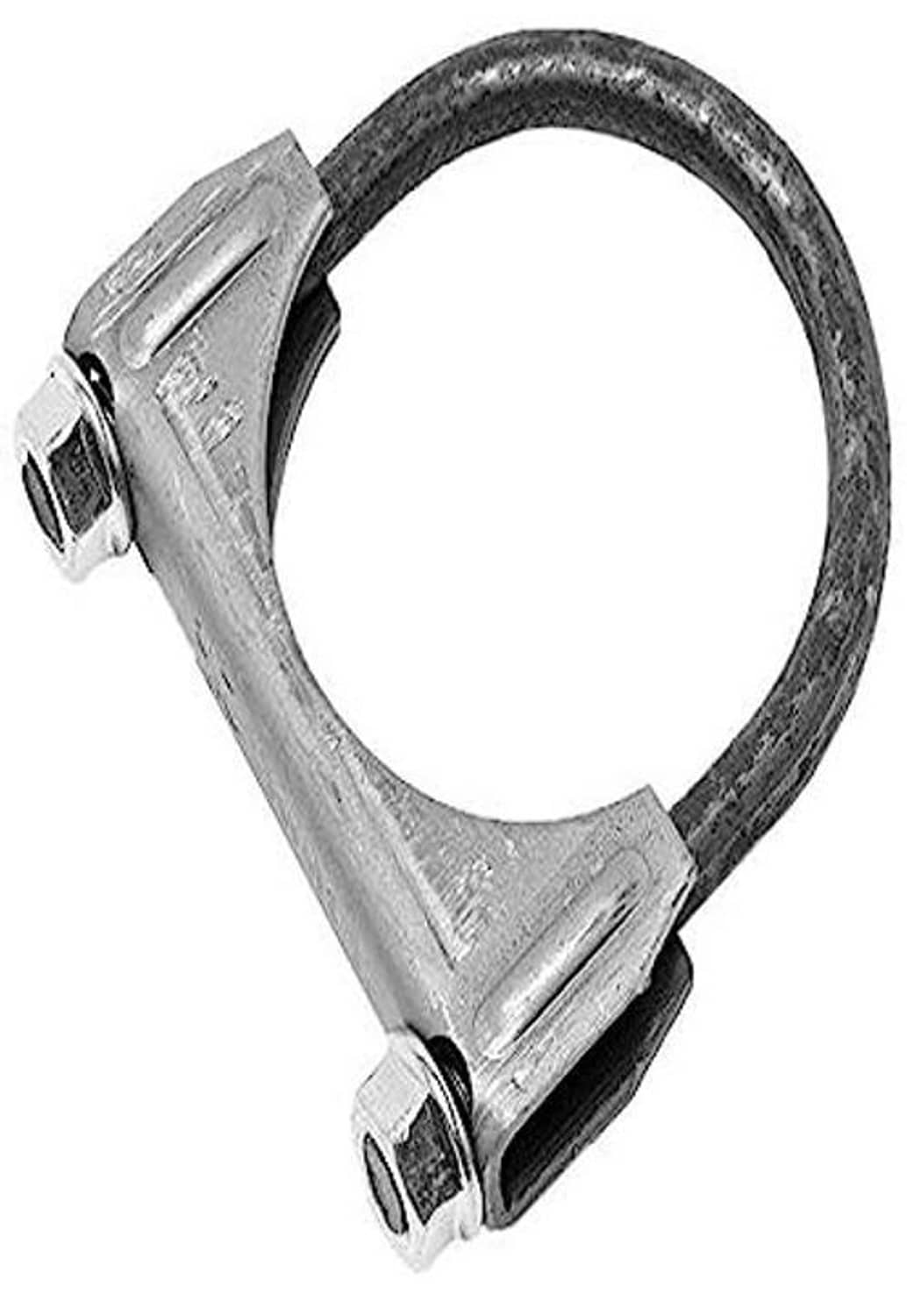 Exhaust clamp with black rubber gasket ring and silver bracket with two bolts
