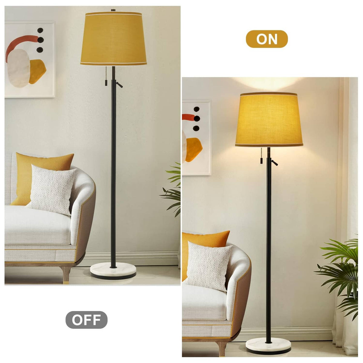 Yellow drum floor lamp shade with white trim on a slim black stand