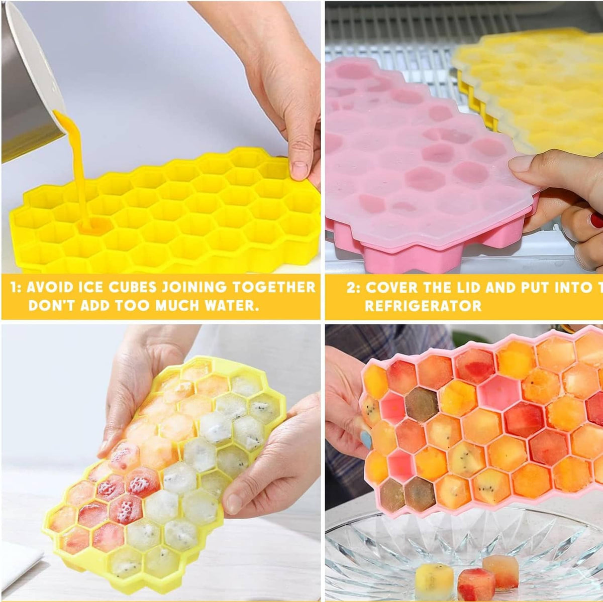 Honeycomb silicone ice cube trays, yellow and pink with removable lids, stacked