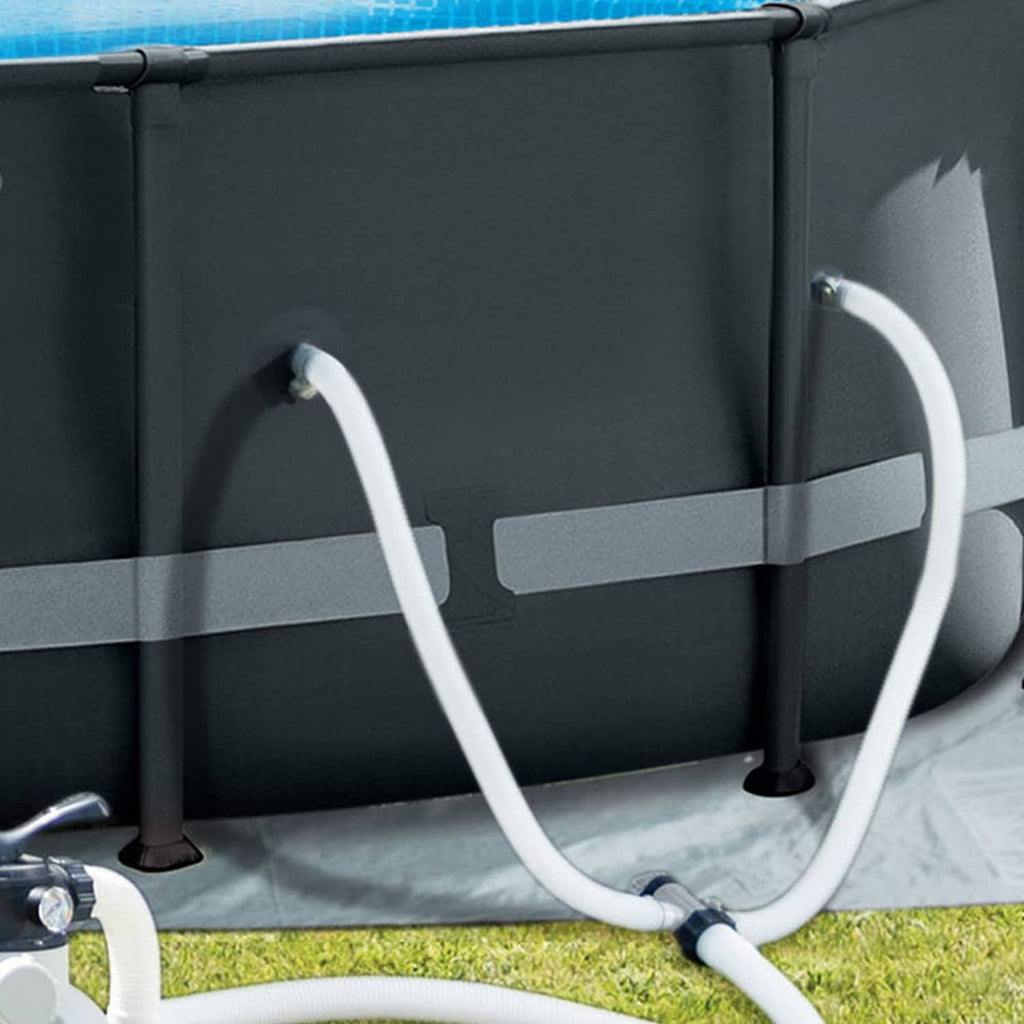 Inflatable pool setup with white pump hoses connected at fittings