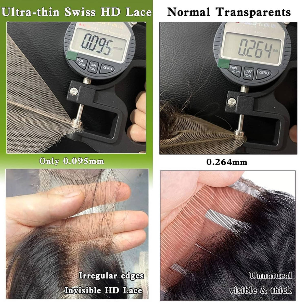 Ultra-thin HD lace swatch on mesh with straight black hair strand detail
