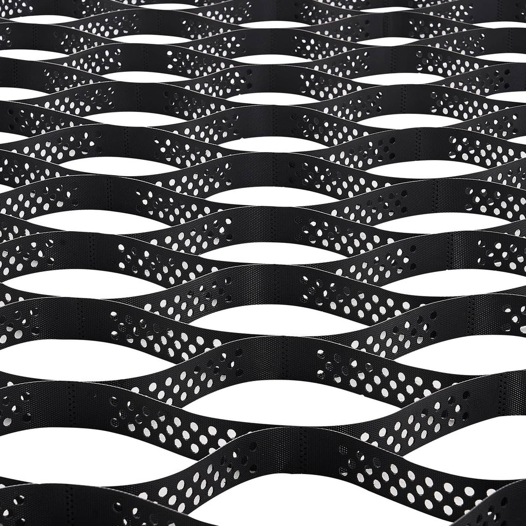 Black perforated geocell grid roll with wavy cell walls and hex openings
