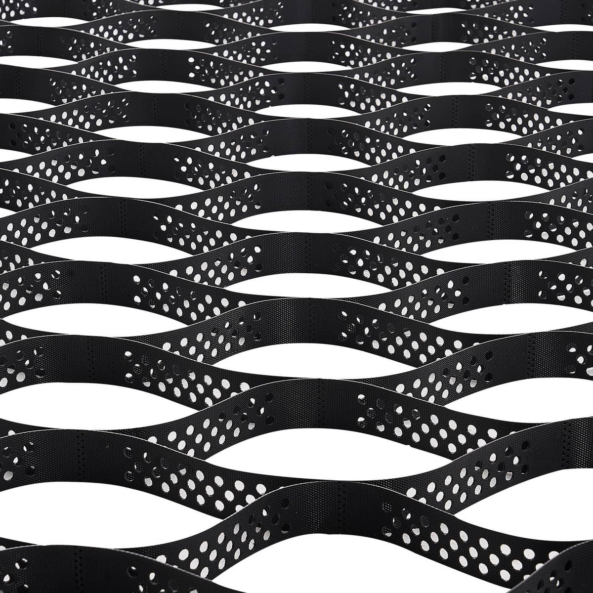 Black perforated geocell grid roll with wavy cell walls and hex openings