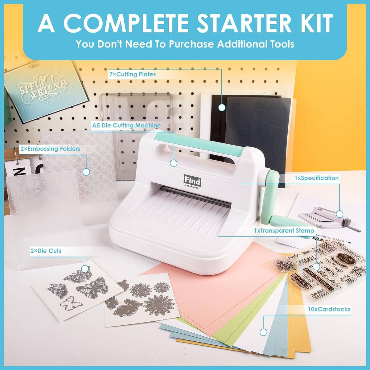 Starter kit featuring a desktop die cutting and embossing machine with included accessories