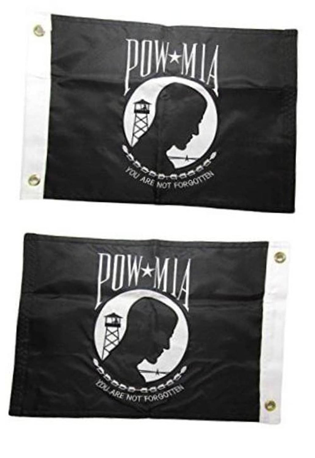 Black embroidered POW*MIA nylon banner with white emblem and corner gold grommets