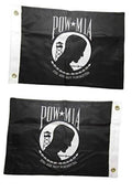 Black embroidered POW*MIA nylon banner with white emblem and corner gold grommets