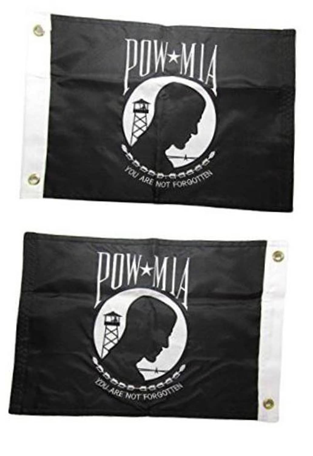 Black embroidered POW*MIA nylon banner with white emblem and corner gold grommets
