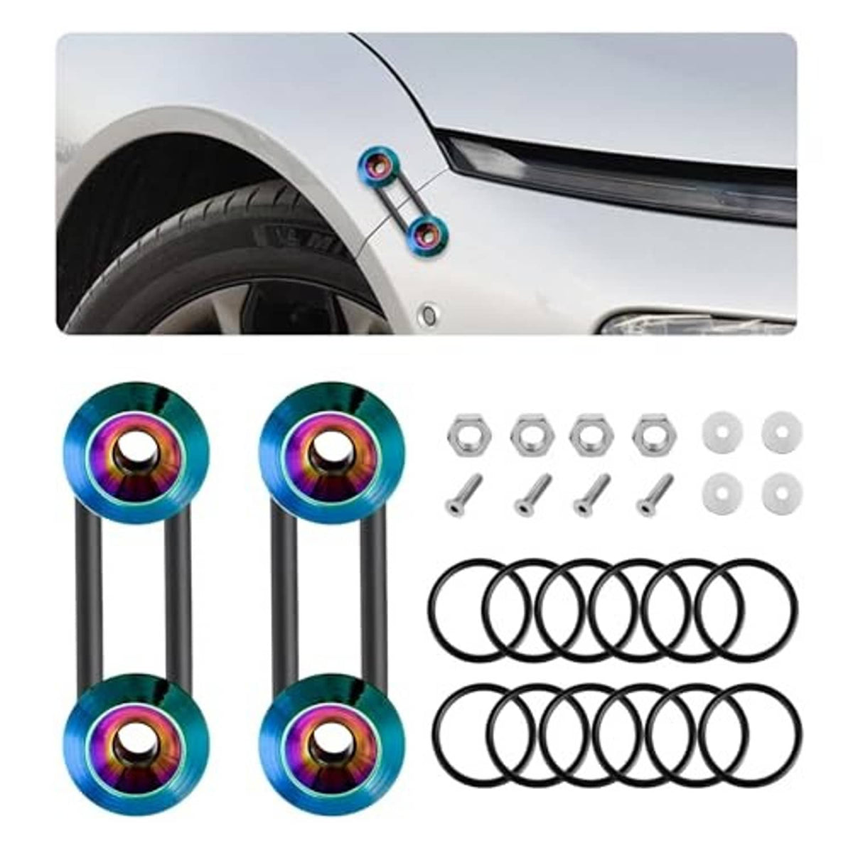 Bumper quick-release fastener set: rainbow sleeves, stainless bolts, nuts, and rings