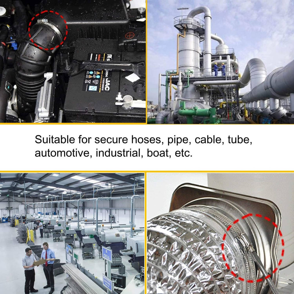 Stainless steel hose clamps secured on tubing, worm-gear screw bands