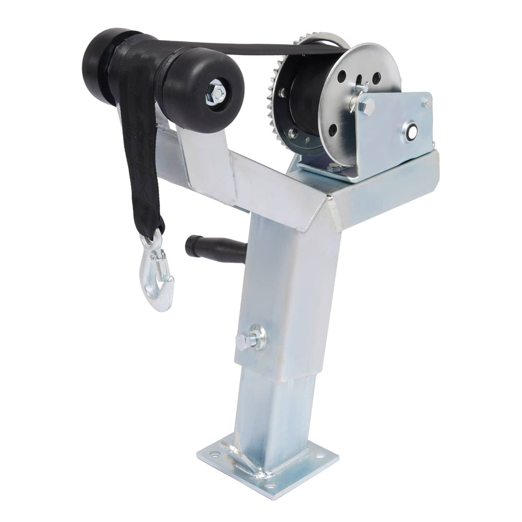 Boat trailer winch roller stand with black guide rollers and galvanized steel mounting base.