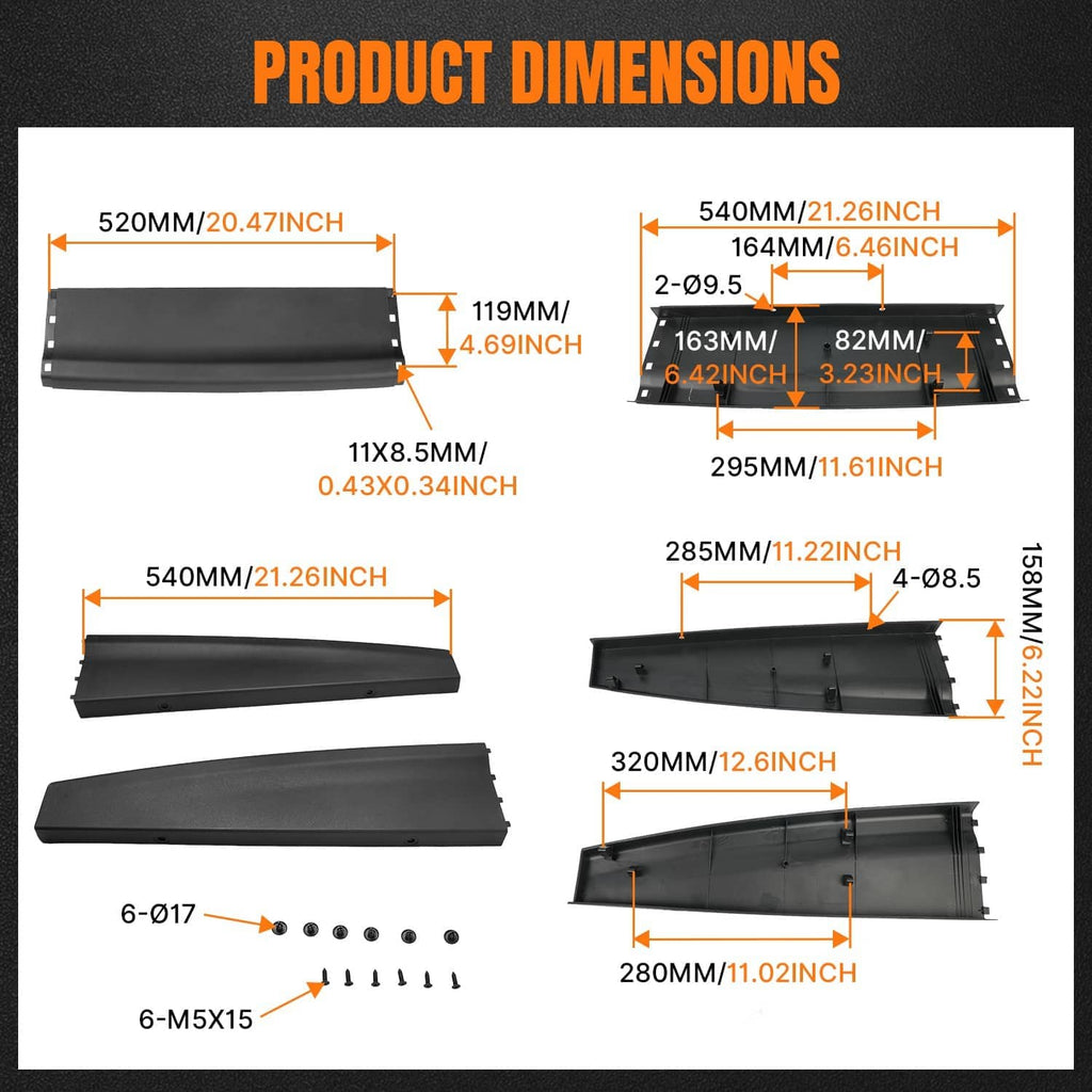 Tailgate cover molding spoiler dimensions diagram, dark gray/black
