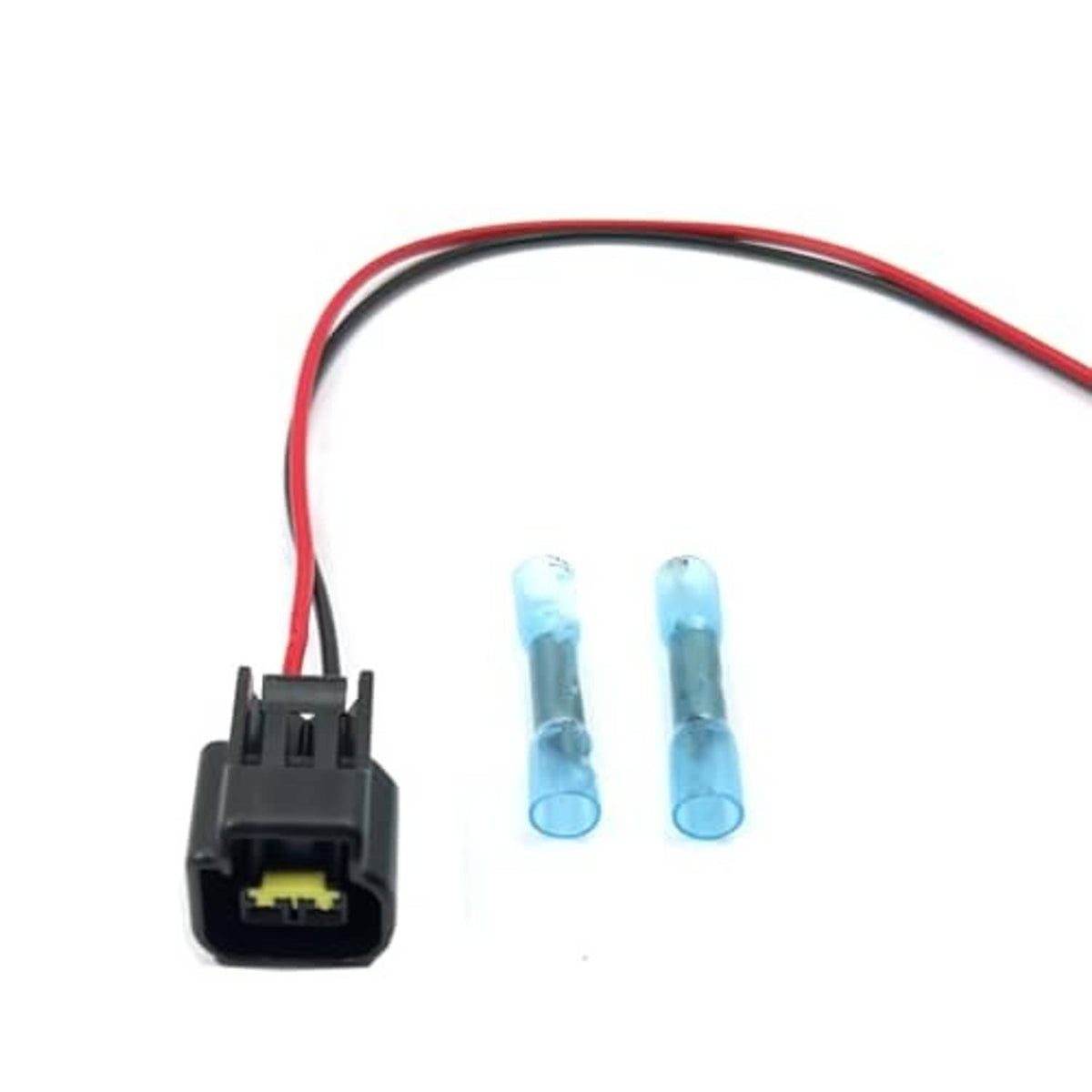 Wiring harness connector with black plug and red/black leads plus two blue wire connectors