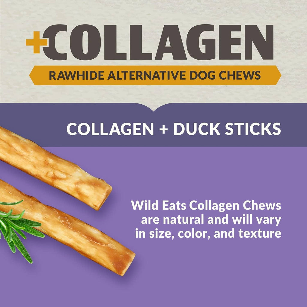 Collagen + duck sticks dog chew graphic with two rawhide-style sticks