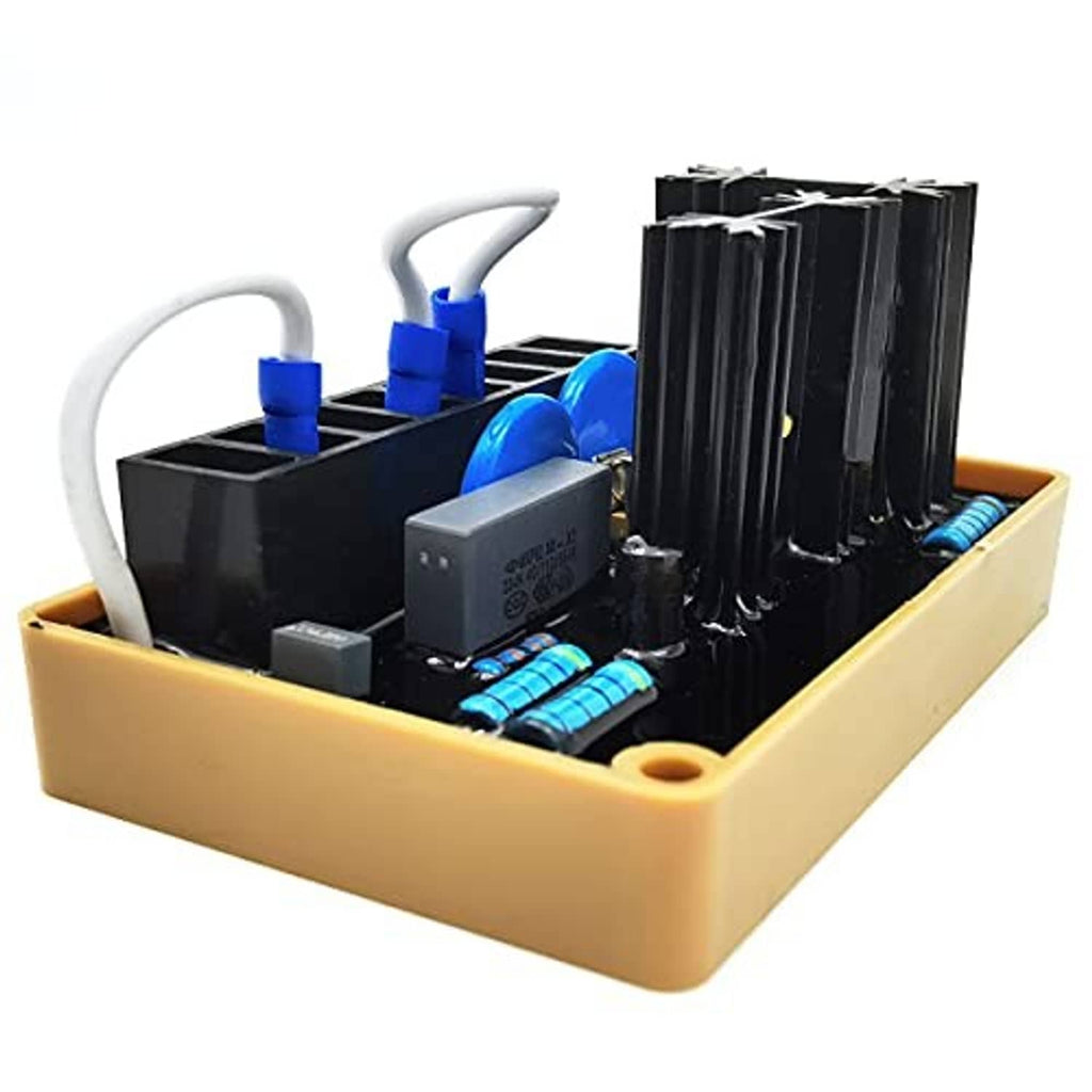 Automatic voltage regulator in beige case with tall black heatsink and blue capacitor details