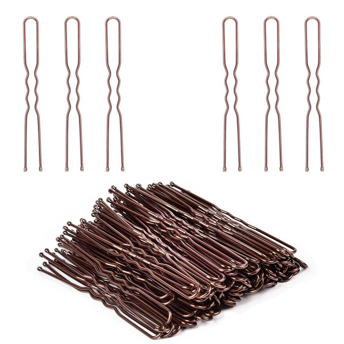 U-shaped hair pins in copper tone, several pins laid out and bundled
