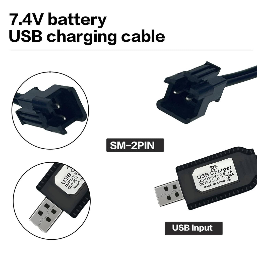 7.4V battery USB charging cable with SM-2PIN plug and USB input connection