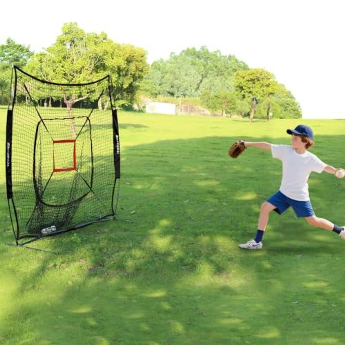 Baseball practice net with black frame, mesh target, and red strike zone box