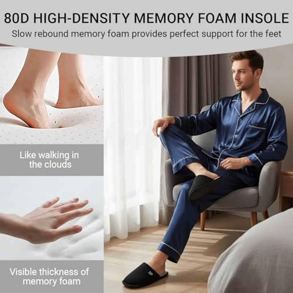 Black slip-on slippers with plush interior lining for comfortable indoor wear