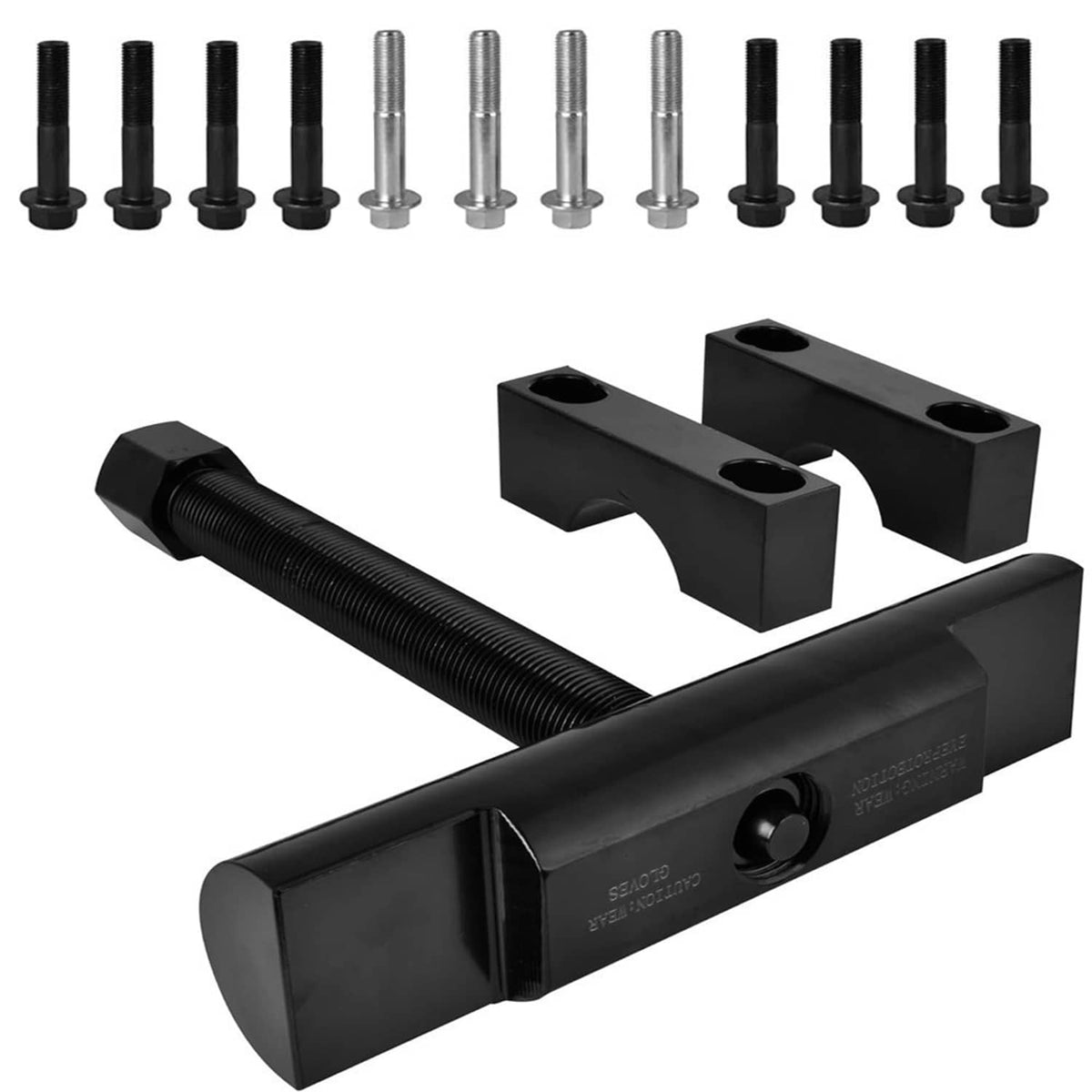 Yoke puller tool with threaded rod, black puller bar, and assorted pins
