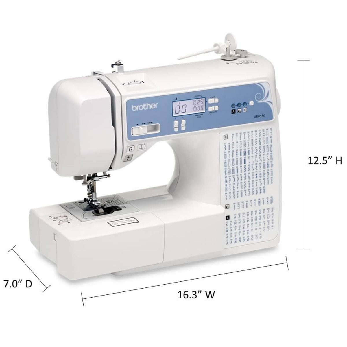 White computerized sewing and quilting machine, side view with control panel and stitch chart.