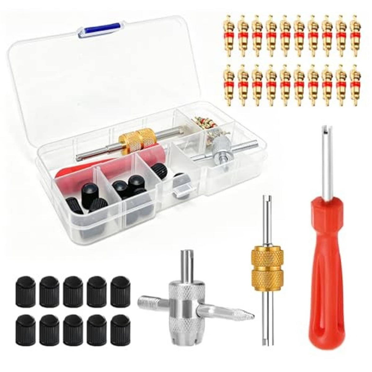 Valve core wrench kit with clear case, red screwdriver-style handle, and black cap sleeves