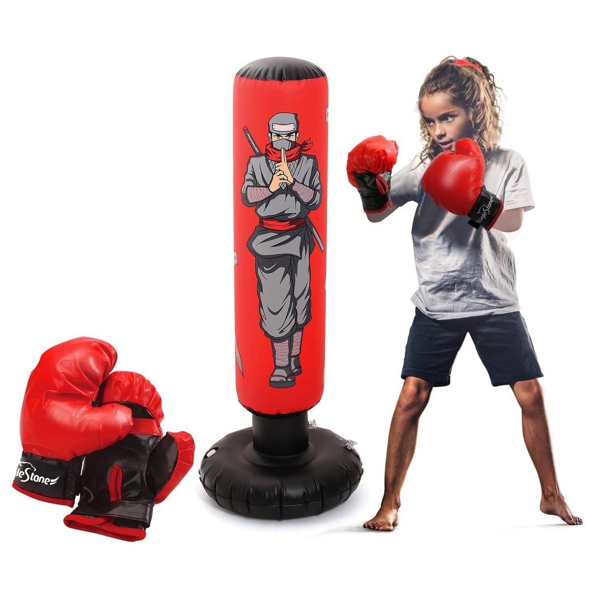Inflatable kids punching bag with boxing gloves; red and black standing bag with base