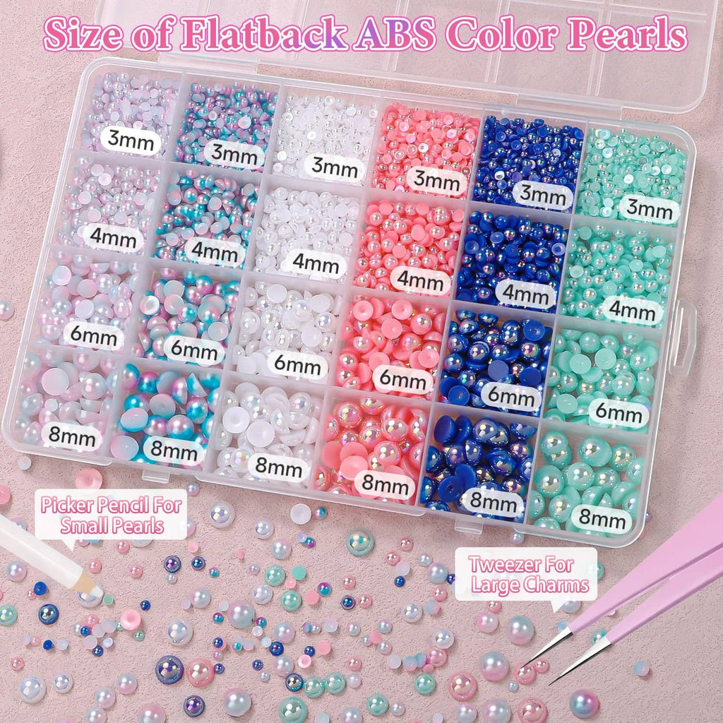 Flatback ABS craft pearls storage case with labeled size rows: 3mm, 4mm, 6mm, 8mm