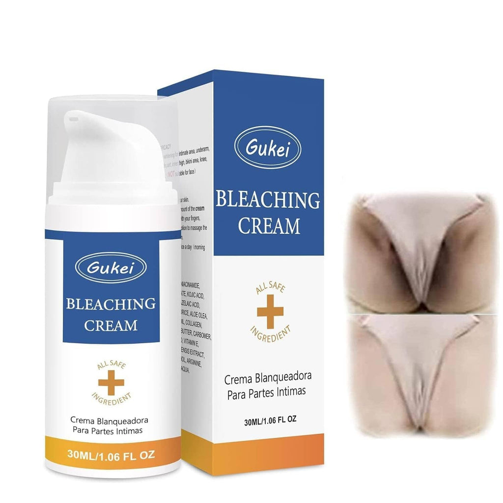 Bleaching cream bottle and box with intimate-area before-and-after inset