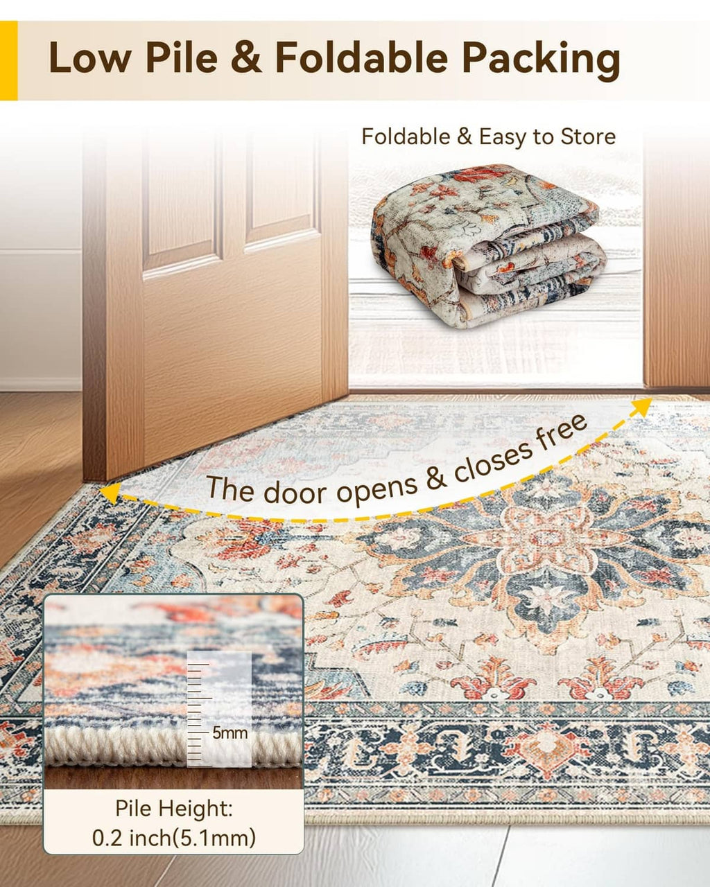 Folded beige, blue, and orange low-pile runner rug with thin stitched border.