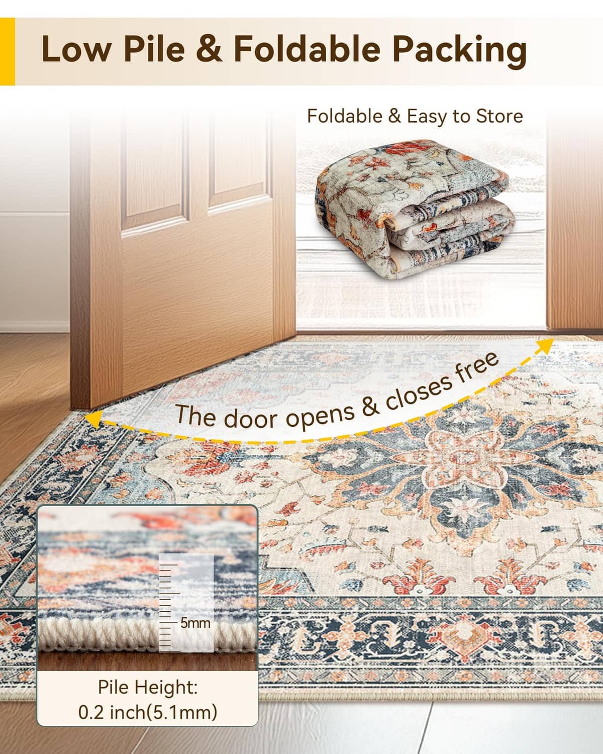 Folded beige, blue, and orange low-pile runner rug with thin stitched border.