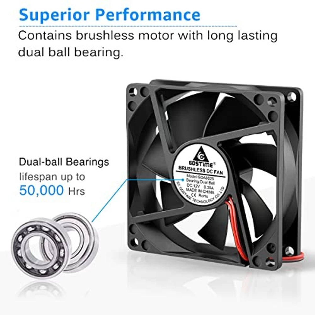 80mm DC dual ball bearing cooling fan with bearing inset, black frame and red power wire