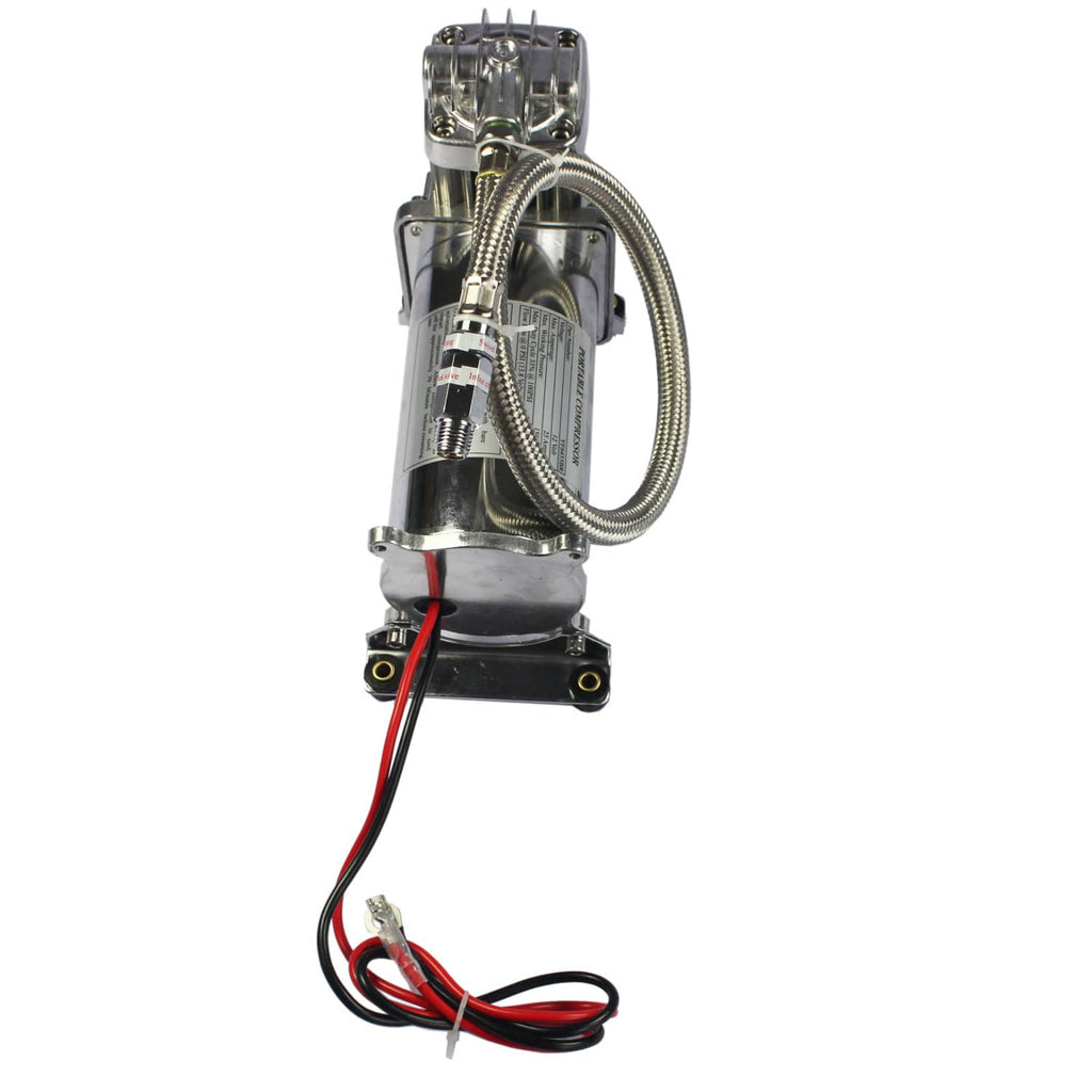 Onboard air compressor with upright braided hoses and attached control wiring