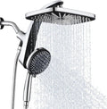 Chrome rain shower head with handheld sprayer and flexible hose, round nozzle face